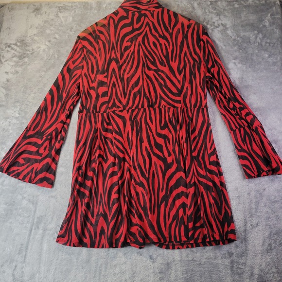 Ali Miles Red Black Zebra Print Mesh Sheer Tunic Top Bell Sleeve Mock Neck - Picture 8 of 9